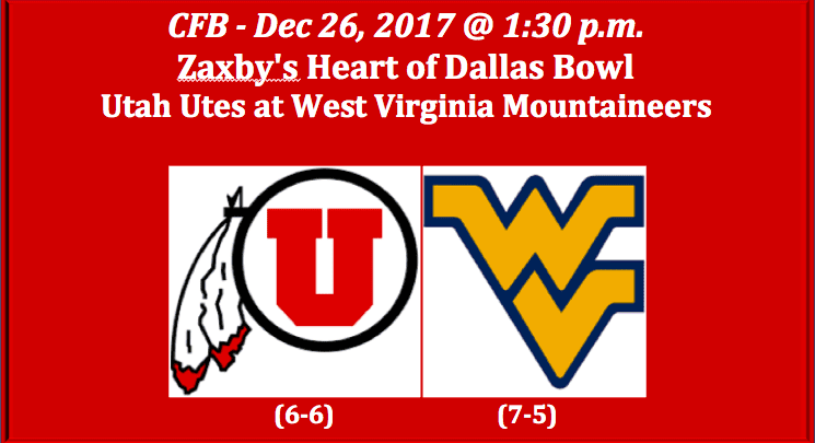 Utah Plays West Virginia 2017 Zaxby's Heart of Dallas Bowl Pick