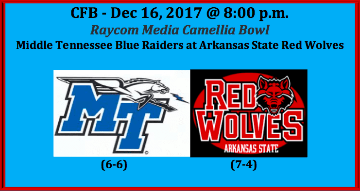 Middle Tennessee plays Arkansas State 2017 Camellia Bowl pick