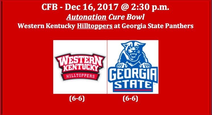 Western Kentucky Plays Georgia State 2017 Autonation Cure Bowl Pick