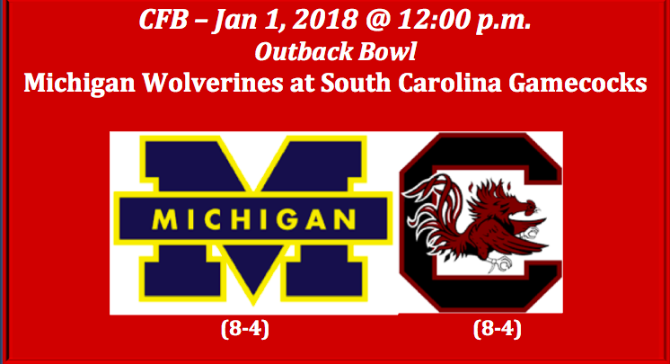 Michigan Plays South Carolina 2018 Outback Bowl Pick- Sports Betting