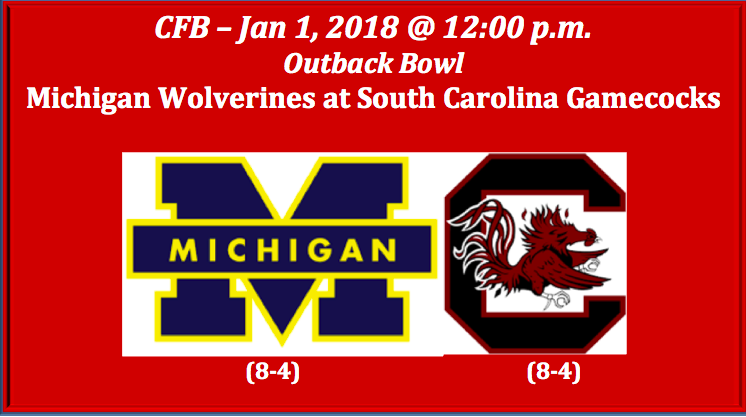 Michigan Plays South Carolina 2018 Outback Bowl Pick- Sports Betting