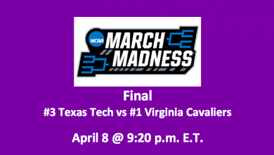 Texas Tech vs Virginia Pick header, purple with game time 4/8/19 at 9:20 pm