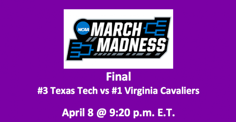 Texas Tech vs Virginia Pick header, purple with game time 4/8/19 at 9:20 pm