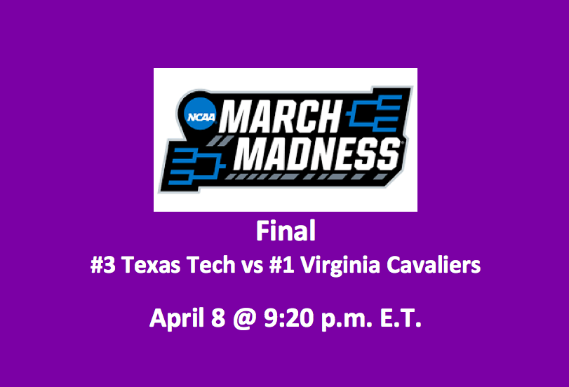 Texas Tech vs Virginia Pick header, purple with game time 4/8/19 at 9:20 pm