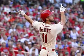 Paul DeJong delivers at the plate for the Cardinals